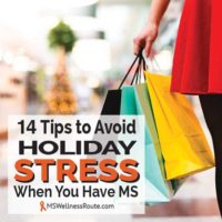Woman in red dress holding shopping bags with overlay: 14 Tips to Avoid Holiday Stress When You Have MS