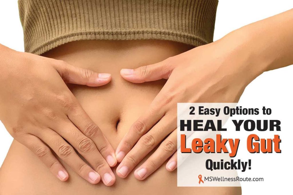 Woman making a heart with hands on stomach with overlay: Heal Your Leaky Gut Quickly