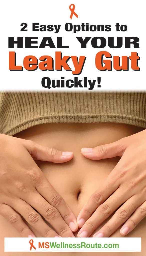 Woman making a heart with hands on stomach with overlay: Heal Your Leaky Gut Quickly