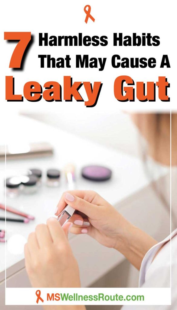 Woman looking at makeup with headline: 7 Harmless Habits That May Cause A Leaky Gut