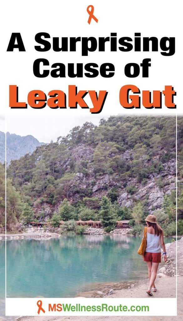Woman walking along riverbank with headline: A Surprising Cause of Leaky Gut