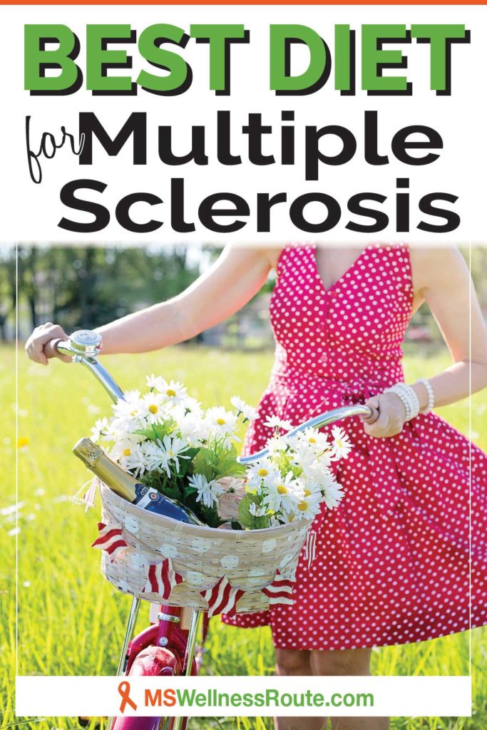 Woman in pink dress holding bike with basket of flowers with header: Best Diet for Multiple Sclerosis
