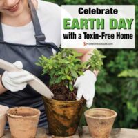 Woman potting a plant with overlay: Celebrate Earth Day with a Toxin-Free Home