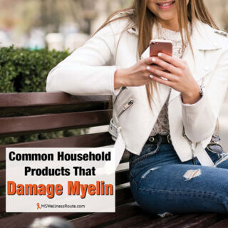 Woman sitting on park bench with overlay: Common Household Products That Damage Myelin