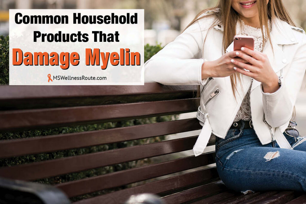 Woman sitting on park bench with overlay: Common Household Products That Damage Myelin