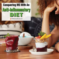 Young woman looking at healthy food with overlay: Conquering MS with an Anti-inflammatory Diet