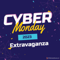 Blue background and confetti with overlay: Cyber Monday 2023 Extravaganza