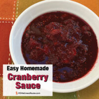 Cranberry sauce in a white serving dish with overlay: Easy Homemade Cranberry Sauce