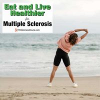 Woman exercising on beach with overlay: Eat and live Healthier for MS
