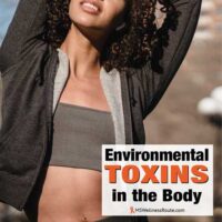 Young woman stretching showing stomach with overlay: Environmental Toxins in the Body