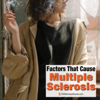Woman smoking looking out window with overlay: Factors That Cause MS