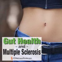 Young woman with jeans and short top showing belly with overlay: Gut Health and MS
