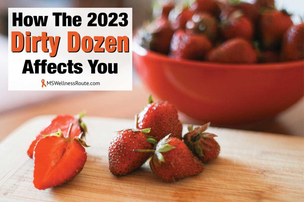 A bowl of strawberries with overlay: How the 2023 Dirty Dozen Affects You