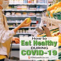Woman shopping with face mask with overlay: How to Eat Healthy During COVID-19