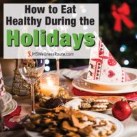 Christmas dinner setting with overlay: How to Eat Healthy During the Holidays