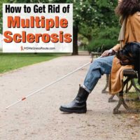 Blind woman sitting on park bench with dog and overlay: How to Get Rid of MS