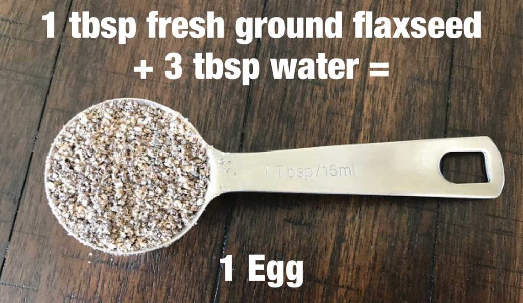 Tablespoon of flaxseed with overlay: 1 tbsp flaxseed + 3 tbsp water = 1 egg