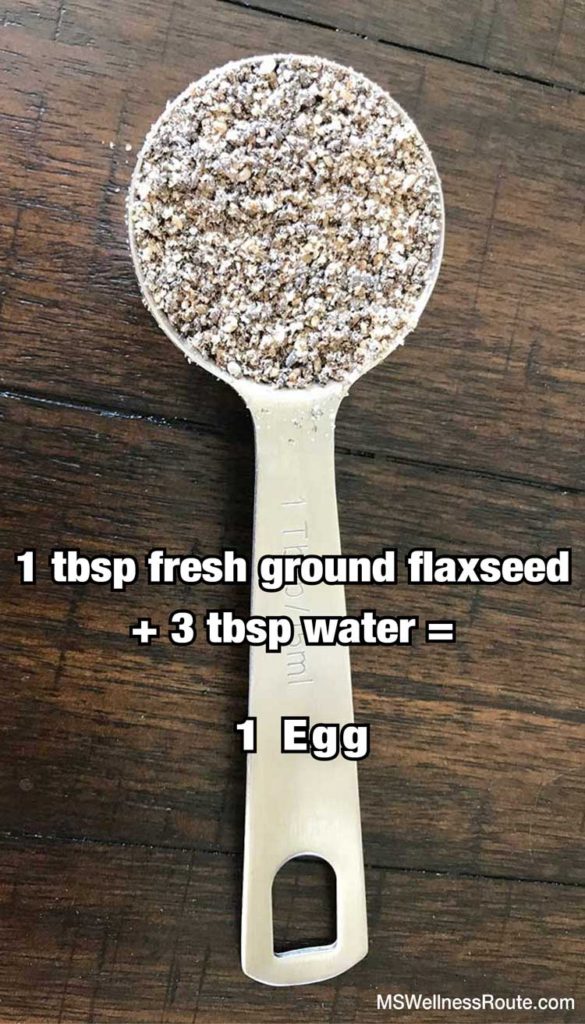 Tablespoon of flaxseed with overlay: 1 tbsp flaxseed + 3 tbsp water = 1 egg