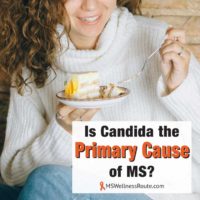 Young woman eating cake with overlay: Is Candida the Primary Cause of MS?