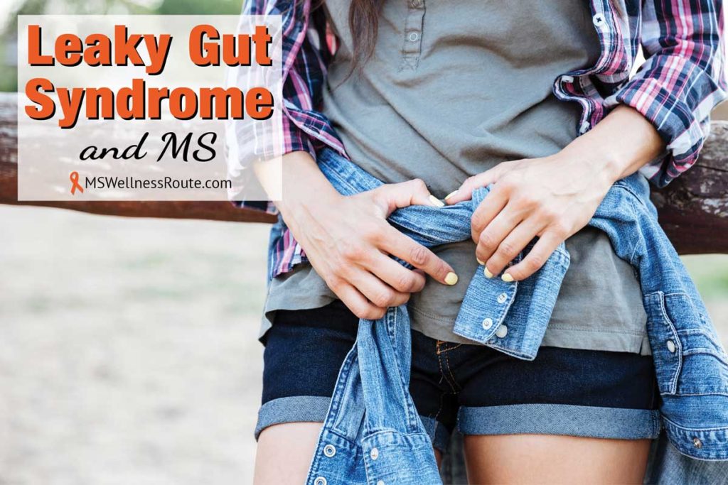 Woman wearing denim shorts and denim shirt tied around waist with overlay: Leaky Gut Syndrome and MS