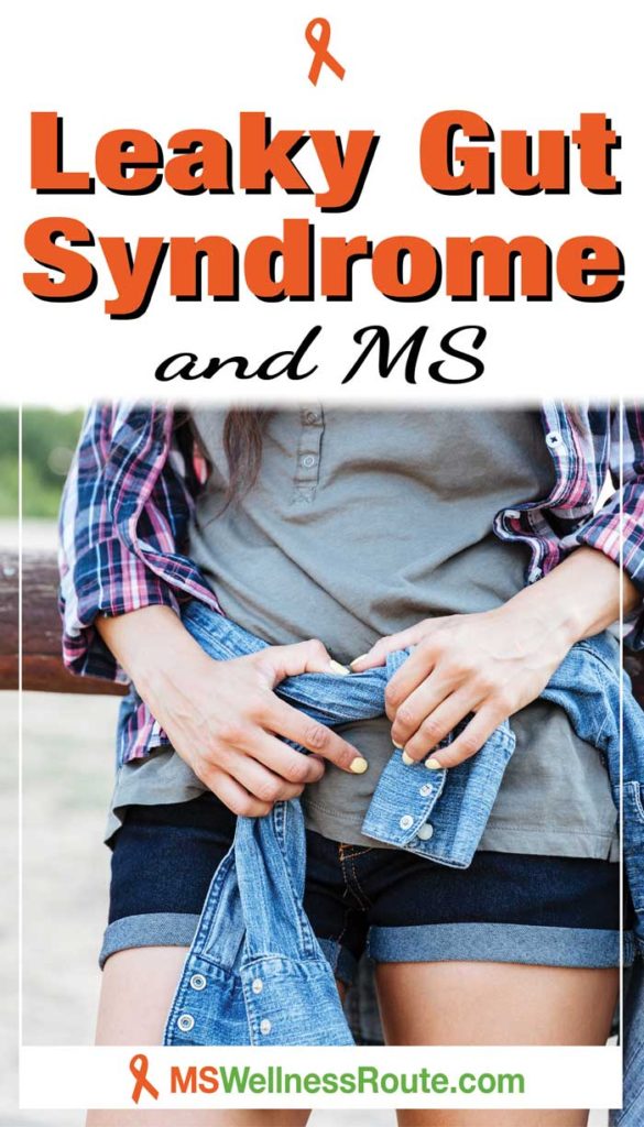 Woman wearing denim shorts and denim shirt tied around waist with headline: Leaky Gut Syndrome and MS