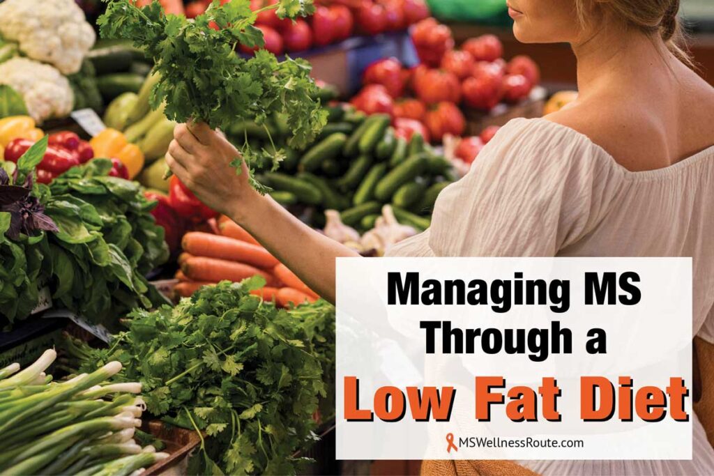 Woman holding parsley at a grocery store with overlay: Managing MS Through a Low Fat Diet