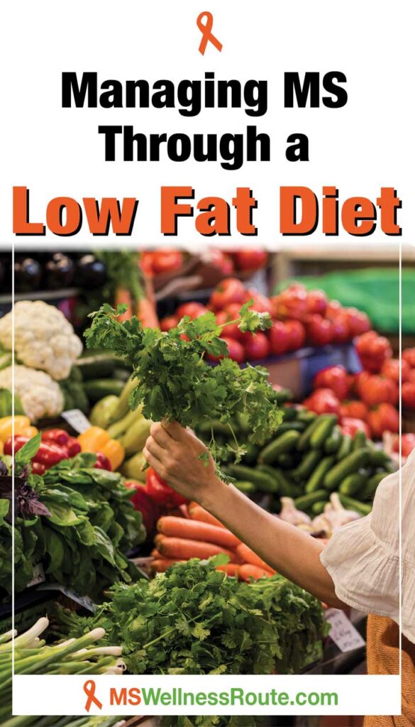 Woman holding parsley at a grocery store with headline: Managing MS Through a Low Fat Diet