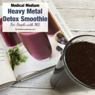 An open book with a smoothie next to it with overlay: Medical Medium Heavy Metal Detox Smoothie for People with MS