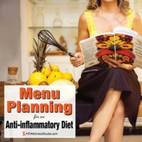 Young woman sitting on bench looking at a cookbook with overlay: Menu Planning for an Anti-inflammatory Diet