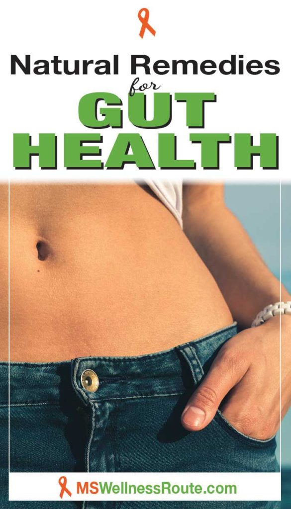 Close up of young woman with headline: Natural Remedies for Gut Health