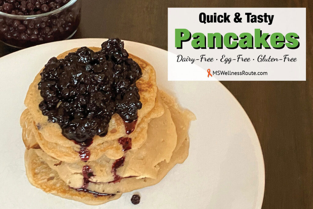 A stack of pancakes with blueberries on top with overlay Quick & Tasty Pancakes, dairy-free, egg-free, gluten-free