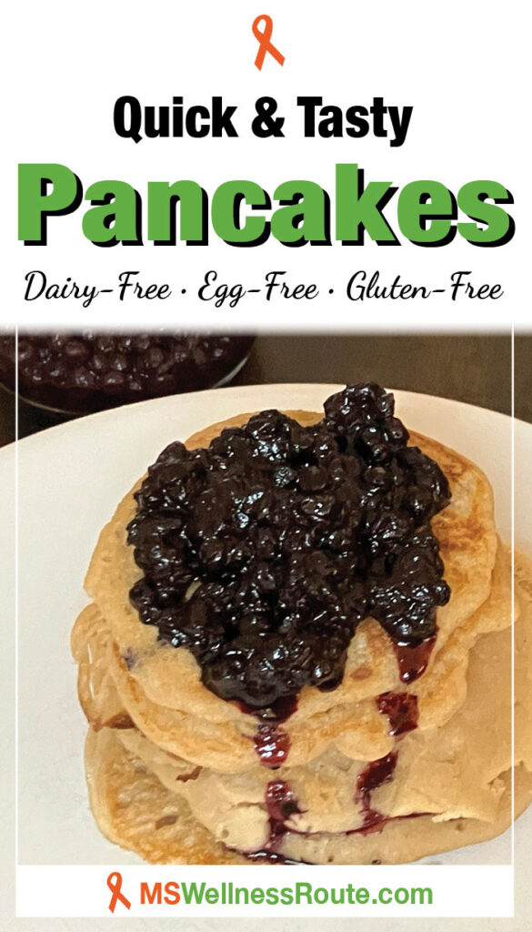 A stack of pancakes with blueberries on top with headline: Quick & Tasty Pancakes, dairy-free, egg-free, gluten-free