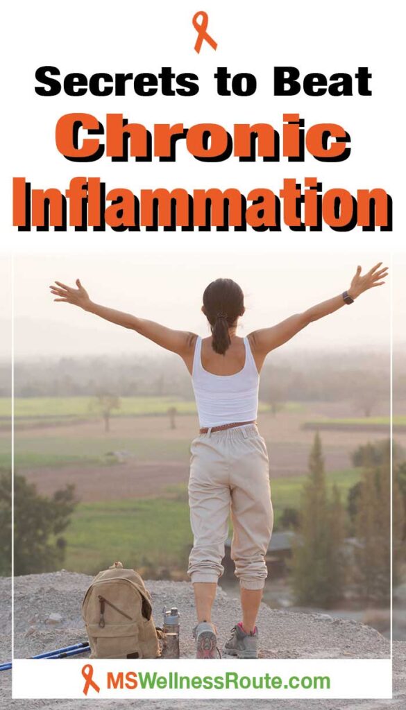 Woman overlooking valley with arms in air with headline: Secrets to Beat Chronic Inflammation