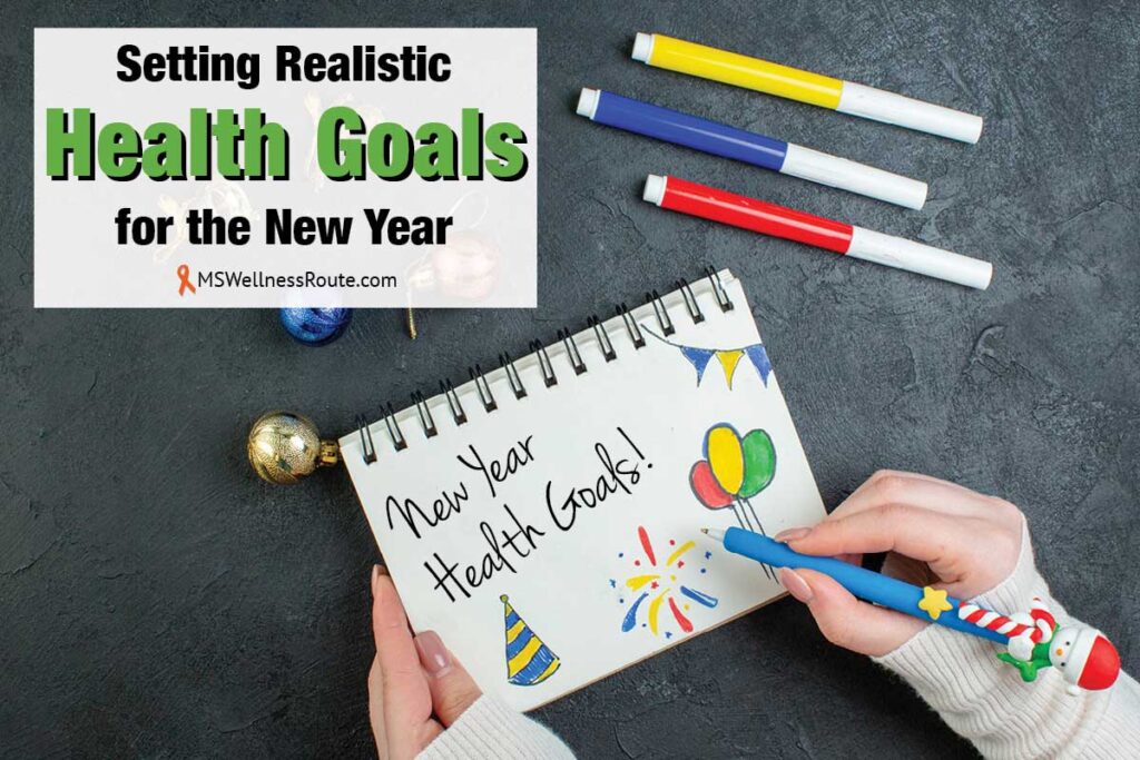 Woman drawing on notebook with colored pens and Christmas decorations with overlay: Setting Realistic Health Goals for the New Year