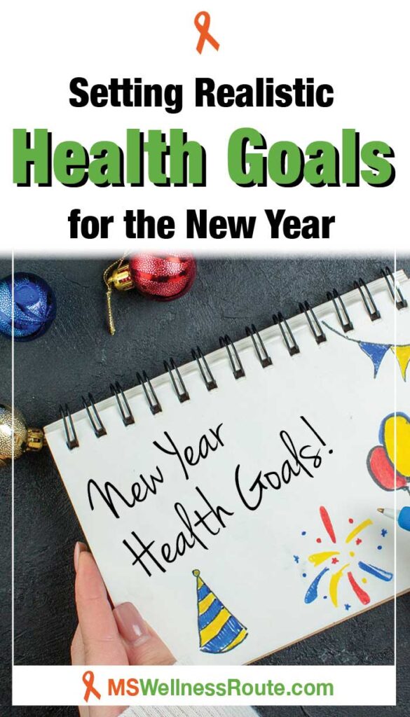 Woman drawing on notebook with colored pens and Christmas decorations with headline: Setting Realistic Health Goals for the New Year