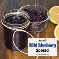 Blue spread in glass jar and lemons with overlay: Simple Wild Blueberry Spread