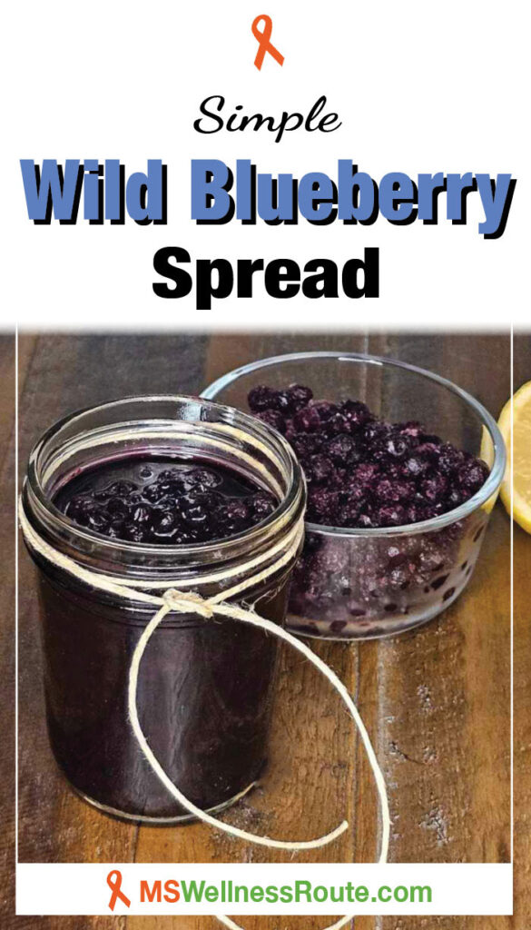 Blue spread in glass jar and lemons with overlay: Simple Wild Blueberry Spread