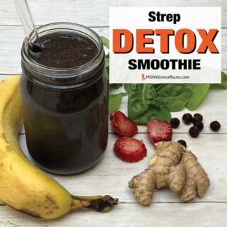 Smoothie with berries, spinach, banana, and ginger root with overlay: Strep Detox Smoothie