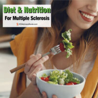 Young woman eating a bowl of salad with overlay: Diet & Nutrition for MS