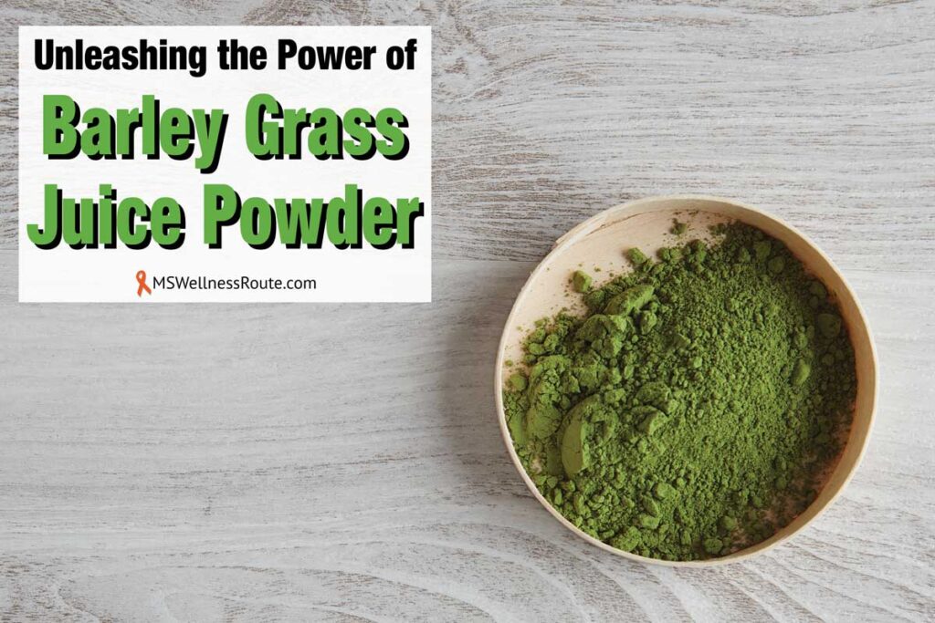 A bowl of green powder with overlay: Unleashing the Power of Barley Grass Juice Powder