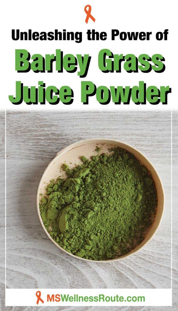 A bowl of green powder with headline: Unleashing the Power of Barley Grass Juice Powder