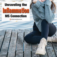 Young woman pulling sweater up over face sitting near water with overlay; Unraveling the Inflammation MS Connection