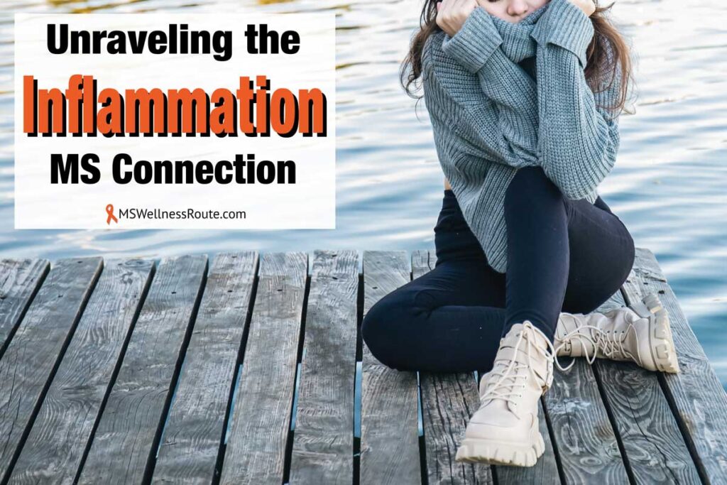 Young woman pulling sweater up over face sitting near water with overlay; Unraveling the Inflammation MS Connection