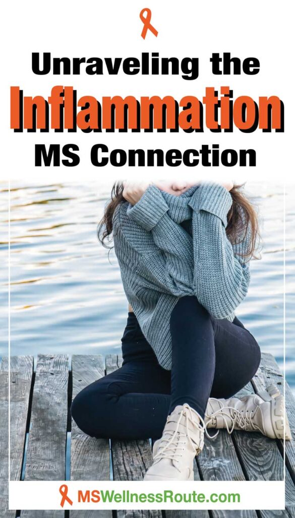 Young woman pulling sweater up over face sitting near water with headline; Unraveling the Inflammation MS Connection