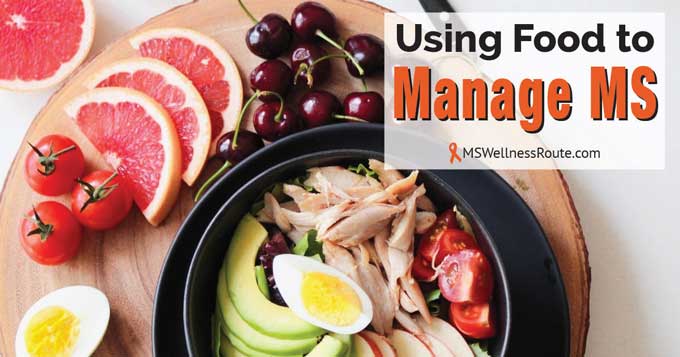 A plate of healthy food with overlay: Using Food to Manage MS