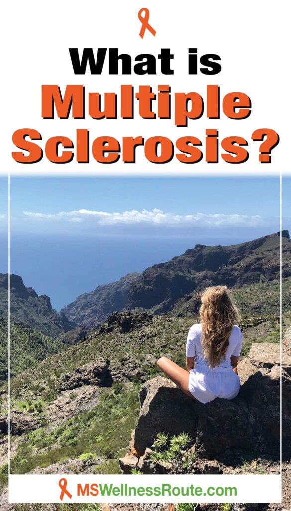 Young woman sitting on a rock overlooking scene with headline: What is MS?
