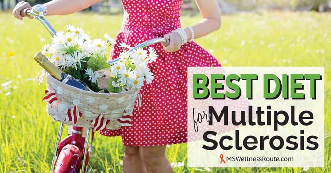 Woman in pink dress holding bike with basket of flowers with overlay: Best Diet for Multiple Sclerosis