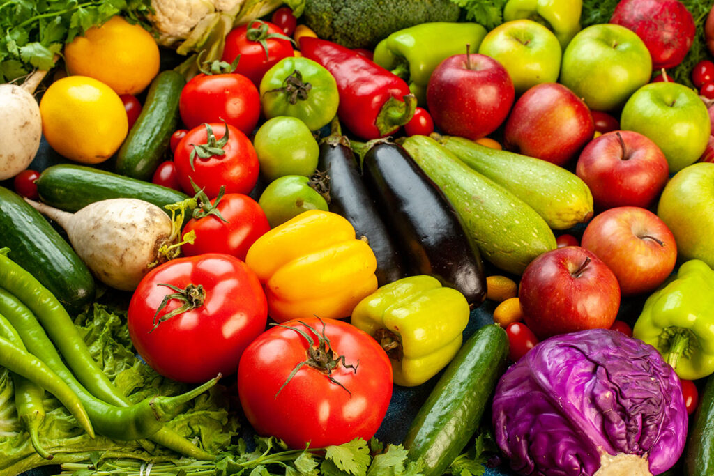 Close up view of mixed fruits and vegetables.