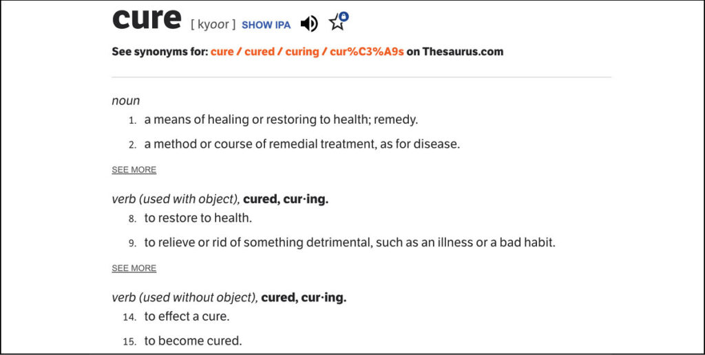 Image of the meaning of "cure" from the dictionary.