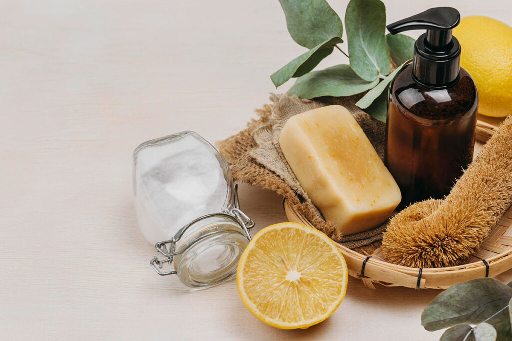 Natural cleaning products on wicker tray.